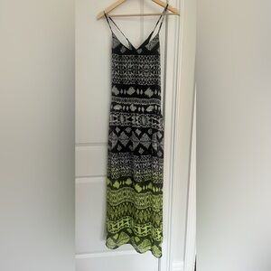 Mossimo Maxi dress Sz. XS Black White Lime Geometric Design with Cross Back